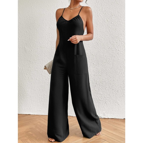 BohoGypsyDreamer.com Pants - Crisscross Backless Wide Leg Cami Jumpsuit black